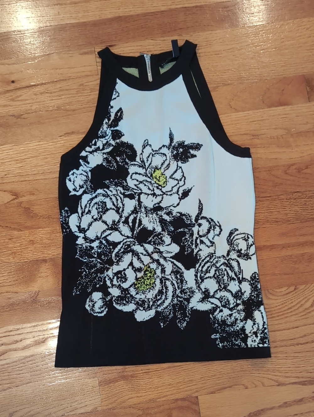 White House Black Market Black & White Floral Halter Tank with Yellow Accents